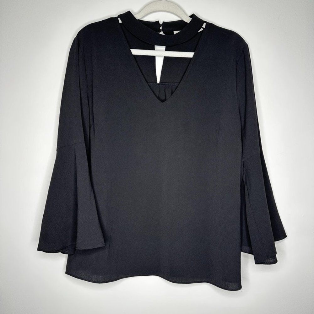 Eva Mendes NY&Company Bell Sleeves Black Blouse keyhole 85% Nylon 15% Spandex